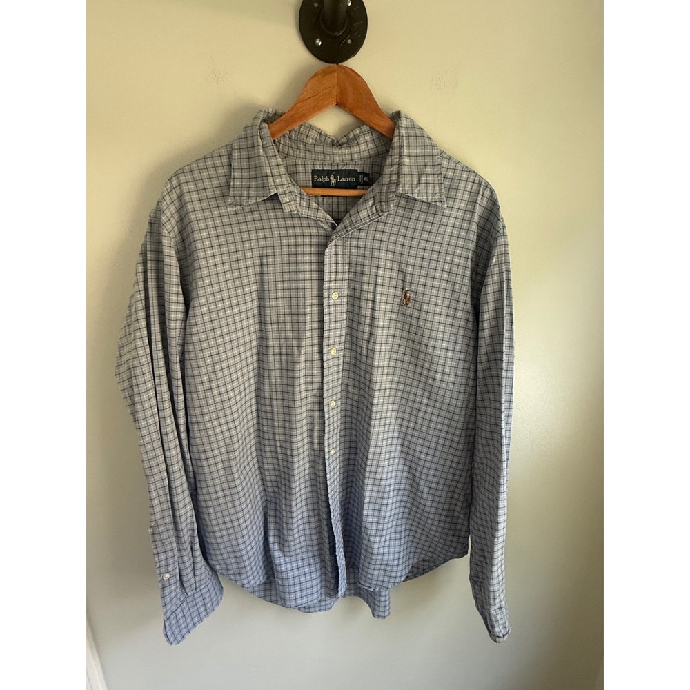 Ralph Lauren Mens XL Blue Plaid Button Down Shirt Long Sleeve Pony Logo Cotton